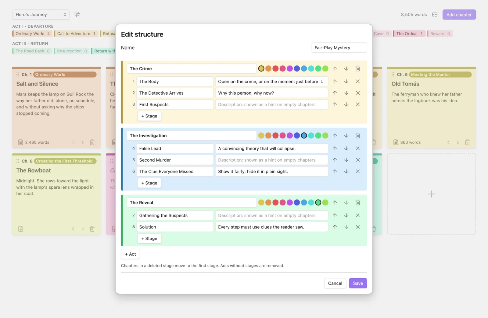 The structure editor: a custom mystery structure with three colored acts and their stages.