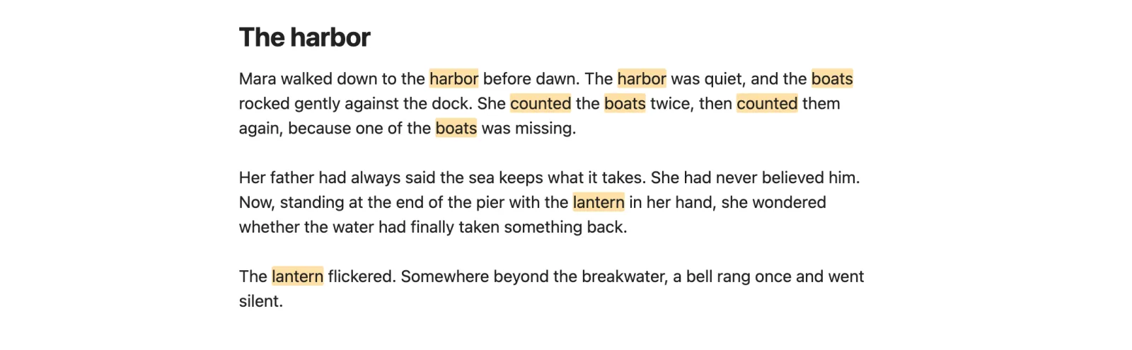 An English note with the repeated words harbor, boats, counted and lantern highlighted.