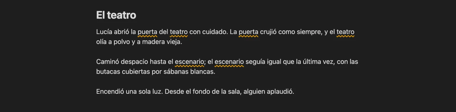 A Spanish note in dark mode with puerta, teatro and escenario underlined with a wavy line.
