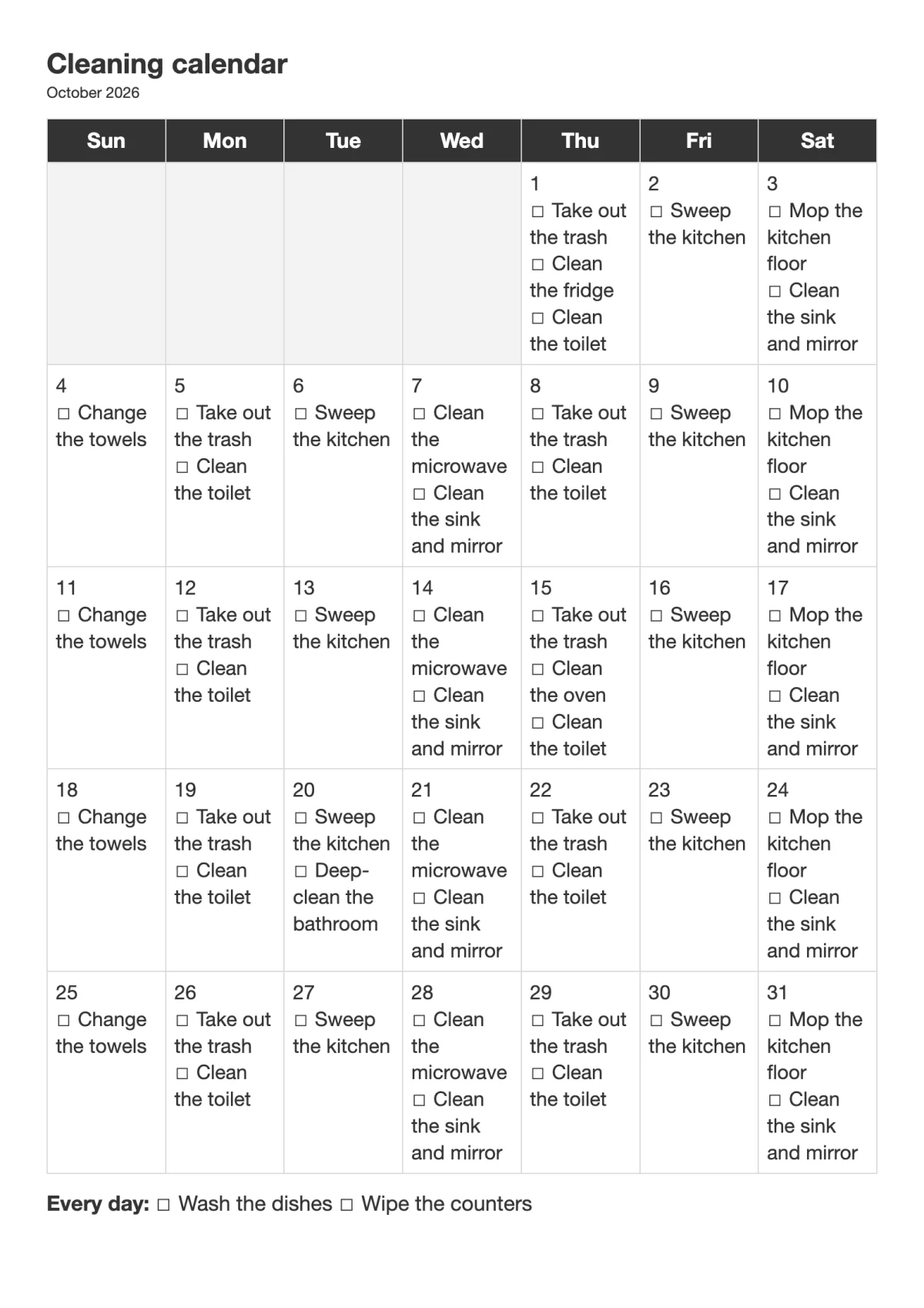 Calendar: Each day's tasks are written inside the day. Good for seeing the whole week or month at a glance.