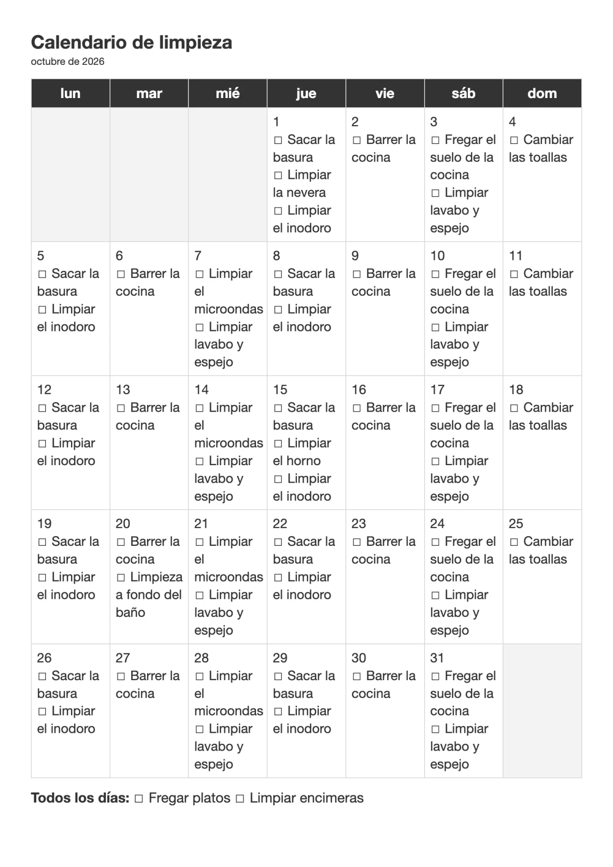 Calendario: Las tareas de cada día van escritas dentro del día. Para ver la semana o el mes de un vistazo.