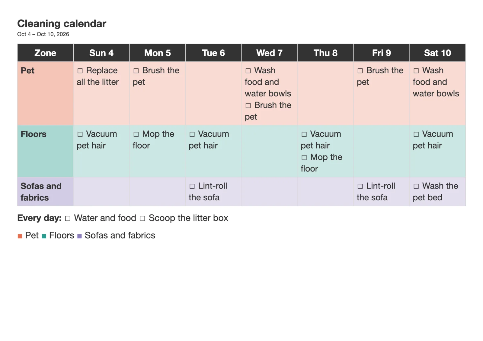 A week: Pets template on a landscape page, with one colored row per zone and a legend.