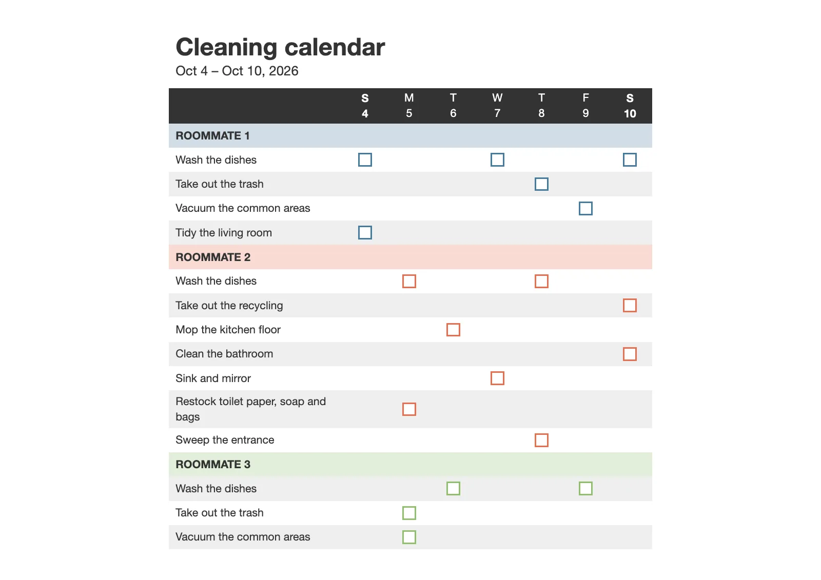 A week by person: Shared apartment template on a landscape page, one section per roommate.