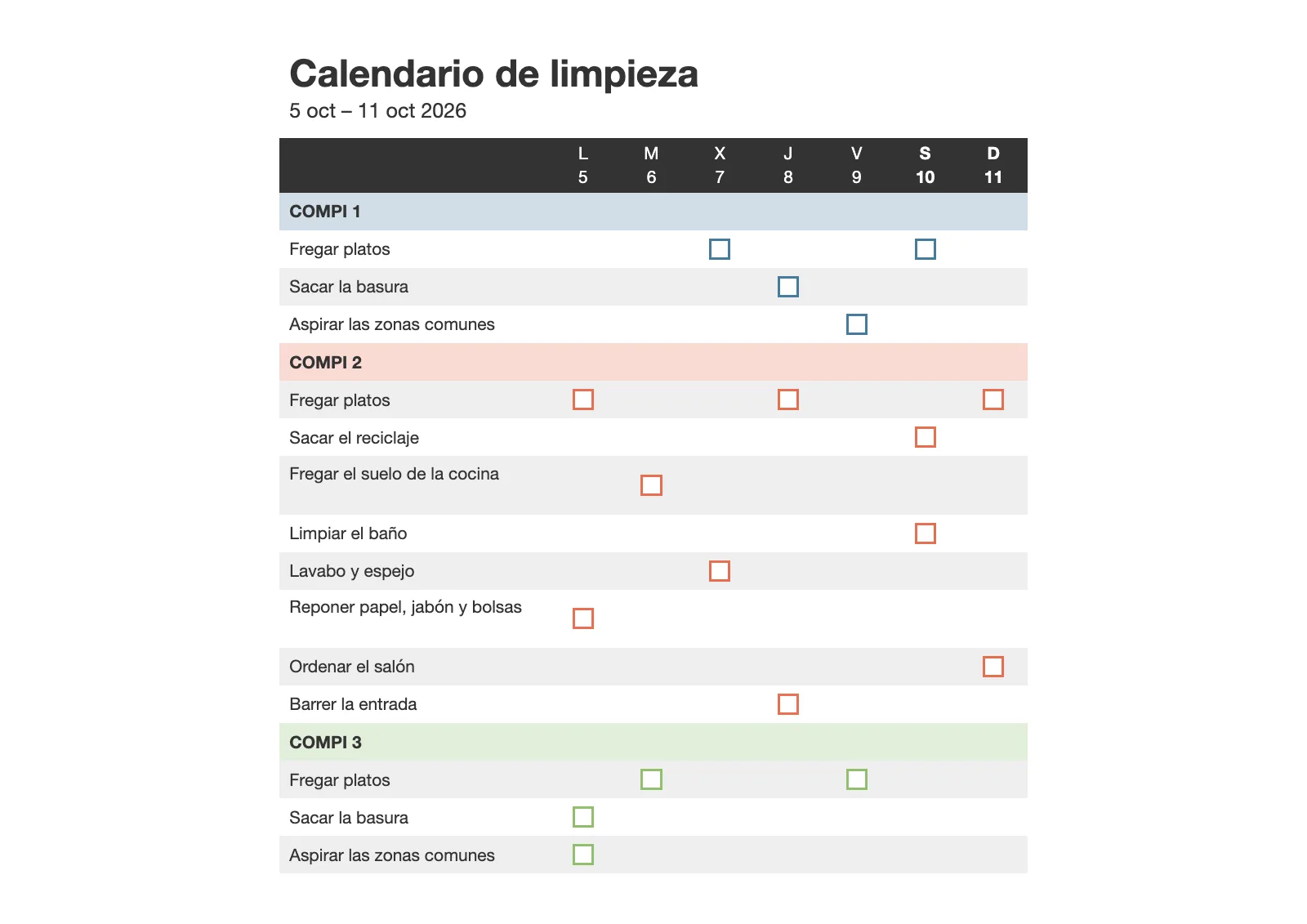 Una semana por persona: Plantilla Piso compartido en horizontal, una sección por compañero.